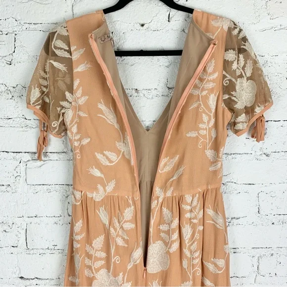 For Love & Lemons Mia Maxi Peach Lace Dress Floral Embroidered Sheer Panel XS - Picture 12 of 15